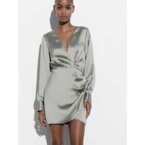 NEW Zara Satin Effect Wrap Front V-neck Mini Dress Women’s Extra Small